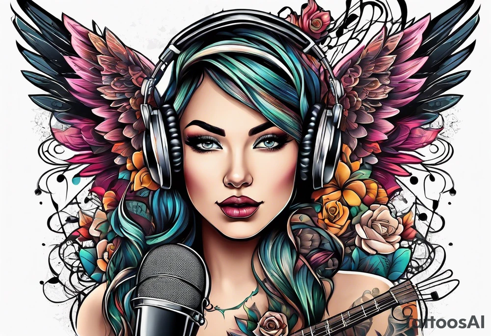 Microphone and musical notes and guitar and wings and female tattoo idea