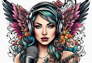 Microphone and musical notes and guitar and wings and female tattoo idea