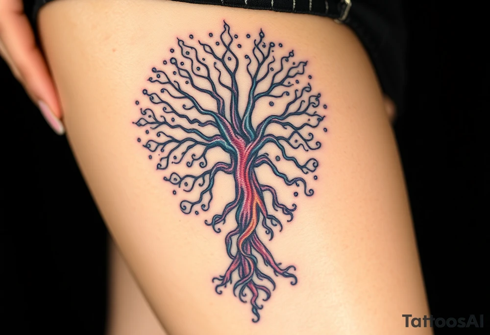 mystical tree of life with cosmic roots and celestial branches tattoo idea