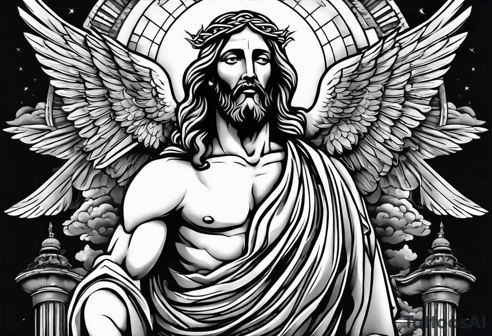 Jesus standing on a flight of stairs with clouds, sunshine and a dove in the background on the upper arm tattoo idea
