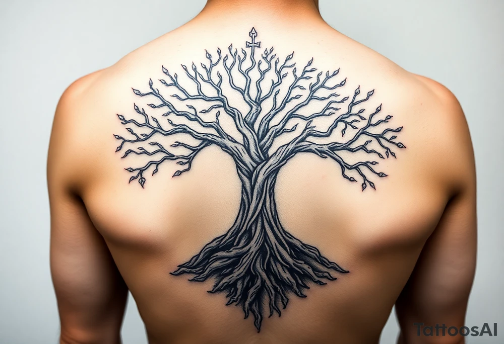 mystical tree of life with cosmic roots and celestial branches tattoo idea