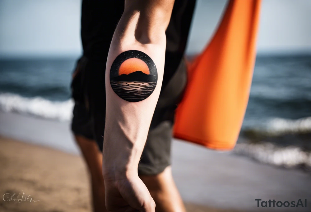 This is an extremely simple and minimalistic tattoo on male forearm. It is black and white with minuscule splashes of orange from the sun. The tattoo 4 inches wide by 2 inches tall. I is NOT a circle. From the perspective of being on the ocean, Water is calm, with no waves in sight, the sun is setting behind the ocean, reflecting light onto the ocean. tattoo idea