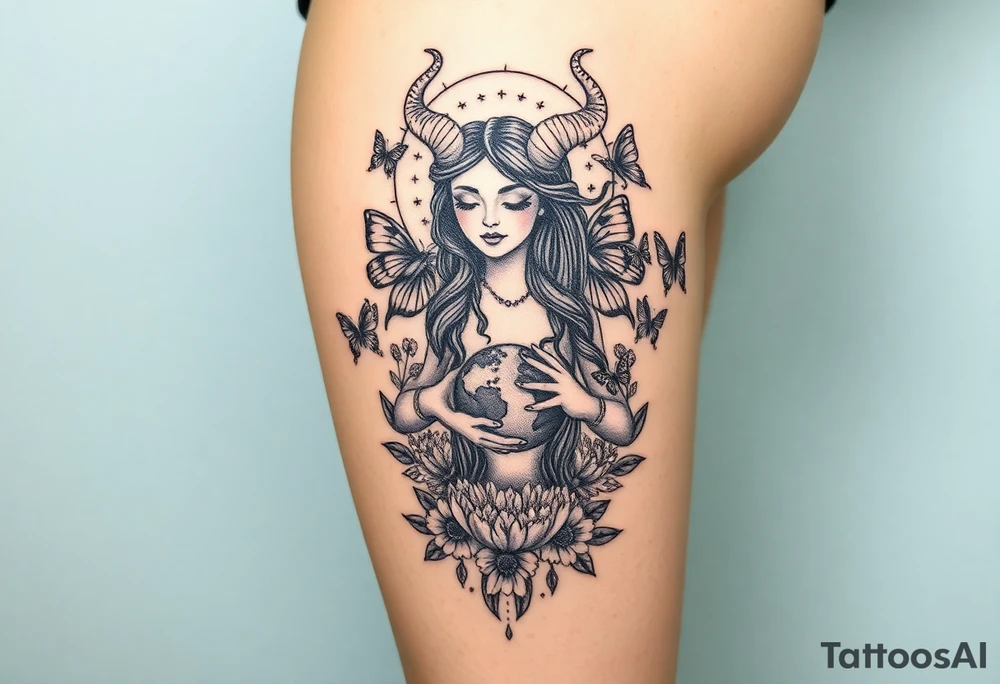 Taurus goddess with earth in her hands and butterflies and flowers all around her tattoo idea