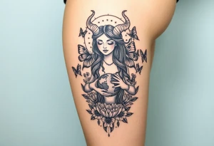 Taurus goddess with earth in her hands and butterflies and flowers all around her tattoo idea