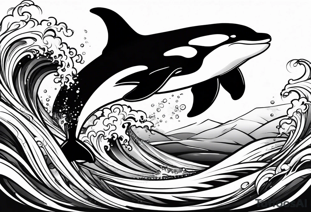 orca, flowing, waves and kelp highlights tattoo idea