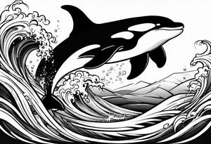 orca, flowing, waves and kelp highlights tattoo idea