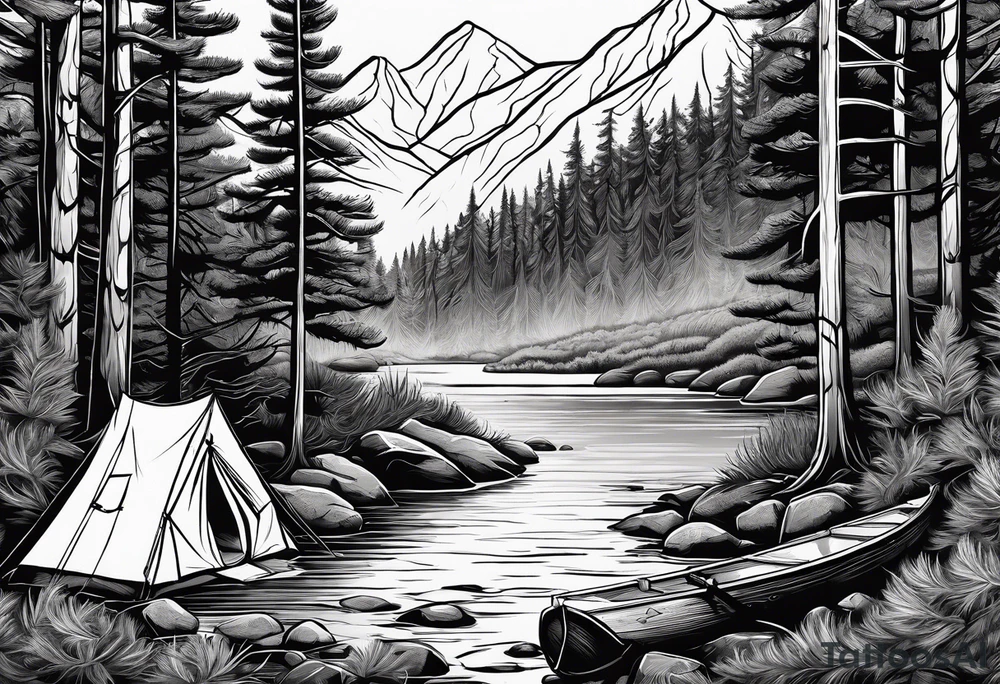 Pine forest with a river, a small tent with a campfire, and a deer tattoo idea