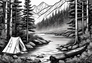 Pine forest with a river, a small tent with a campfire, and a deer tattoo idea