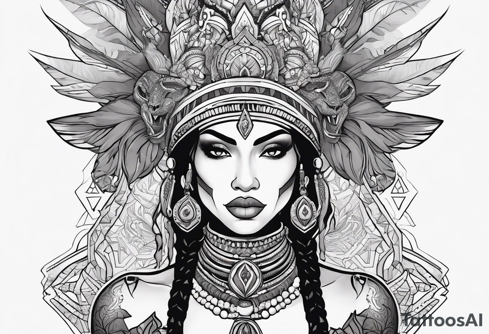 valkrye, kali, pirate, african goddess, , warrior, native american, lotus, zenza resonance, skulls, dragon, pachamama, left side face, chest, right wing, tattoo idea