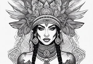 valkrye, kali, pirate, african goddess, , warrior, native american, lotus, zenza resonance, skulls, dragon, pachamama, left side face, chest, right wing, tattoo idea