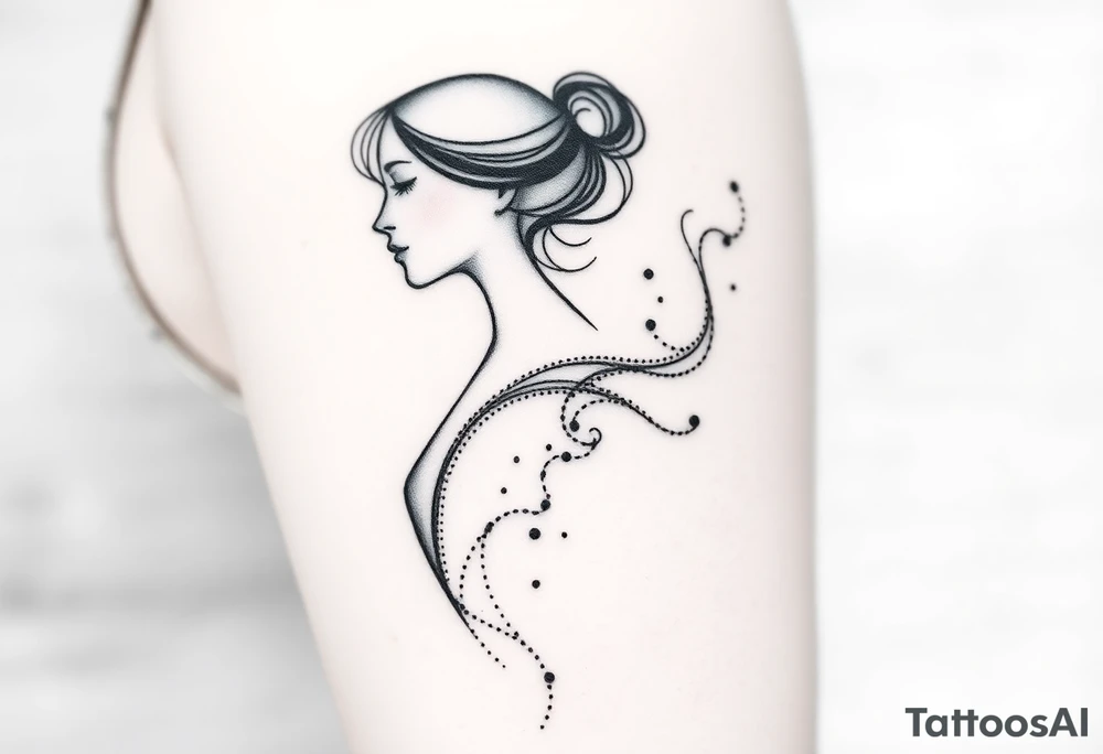 Black and gray tattoo design in fine line and soft shading style, depicting an abstract female silhouette in profile, elegant and poetic. From her chest, fluid and smoke-like shapes flow outward, symbolizing emotional healing, self-acceptance, and breathing oneself back to life. The design should feel ethereal and dreamlike, with delicate dots, subtle gradients, and graceful movement. No flowers, no butterflies, no geometric patterns. The composition should be around 7–8 cm in proportion, suitable for an arm placement, with a clean and feminine aesthetic but full of emotion and symbolism. tattoo idea