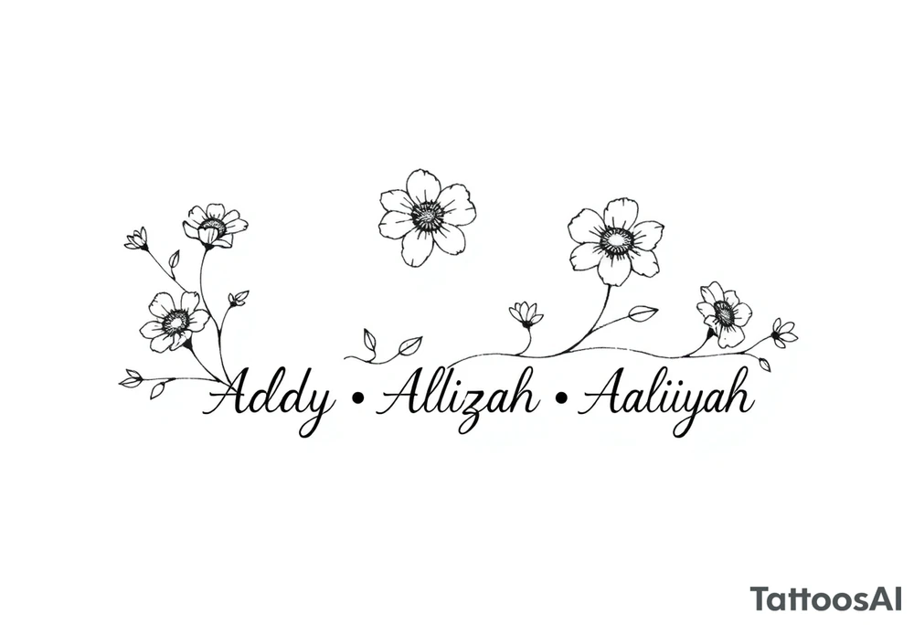 mother of 3 girls flowers stem curves name of Addy, Alizah, Aaliyah tattoo idea