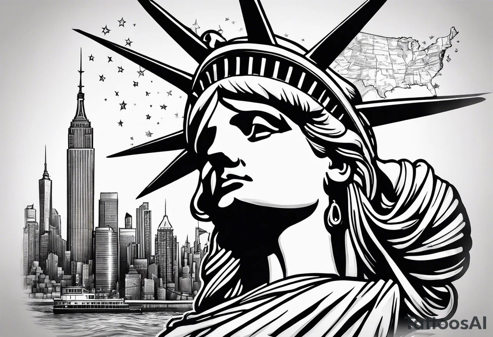 Statute of liberty head in background with new york city skyline in foreground. tattoo idea