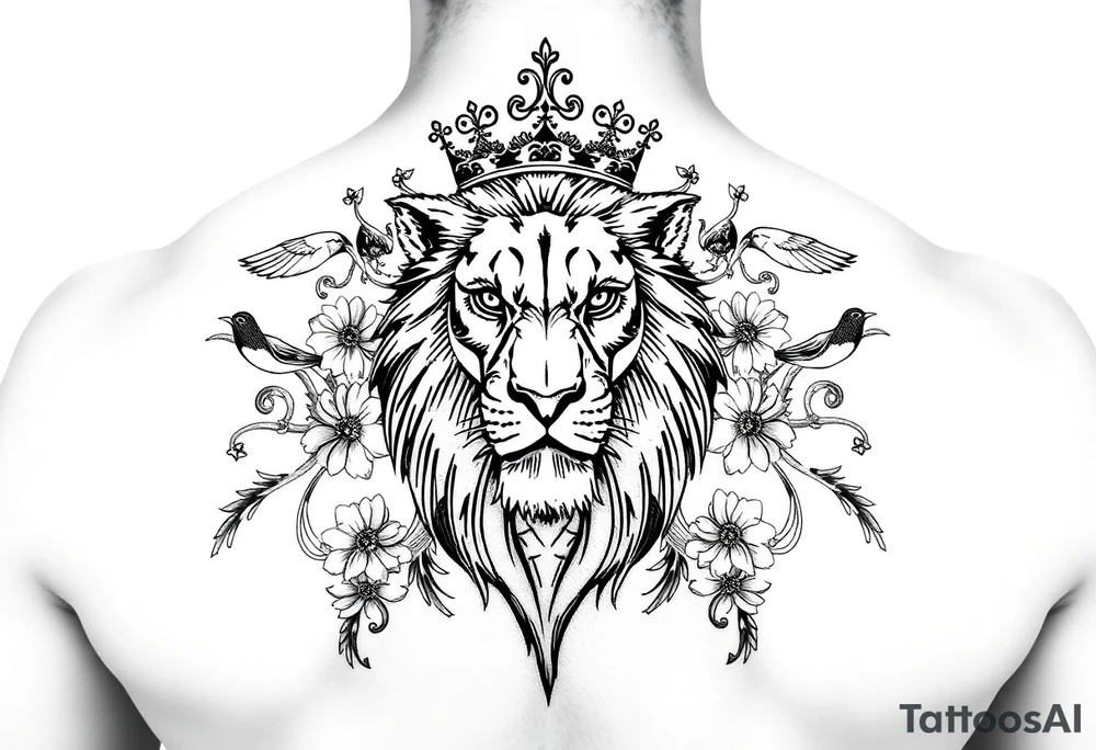 powerful majestic lion with a crown, surrounded by floral ornaments and birds tattoo idea