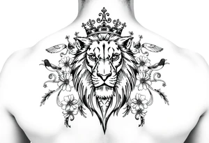 powerful majestic lion with a crown, surrounded by floral ornaments and birds tattoo idea