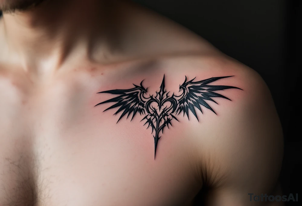 Tribal Heart with Spiked Wings – A black tribal heart with sharp, spiked wings extending outward, reflecting strength, protection, and rebellious love. tattoo idea