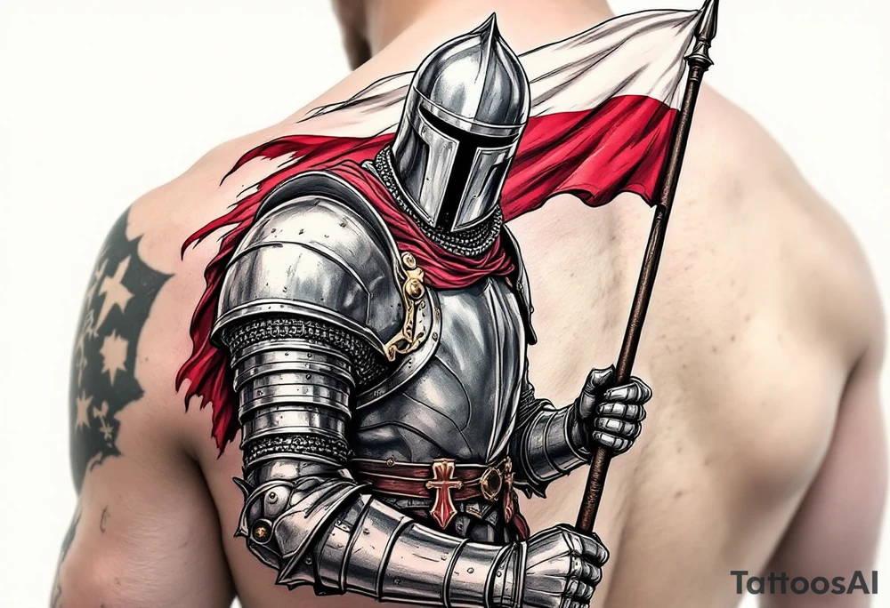 A knight in medieval armor holding a Czech flag, inspired by Hussite warriors, with battle-worn silver and red tones. tattoo idea