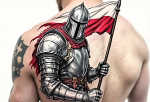 A knight in medieval armor holding a Czech flag, inspired by Hussite warriors, with battle-worn silver and red tones. tattoo idea