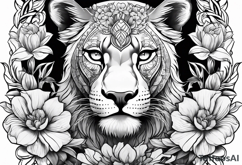 Birth flower tattoo with lioness and cubs tattoo idea