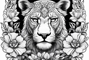 Birth flower tattoo with lioness and cubs tattoo idea