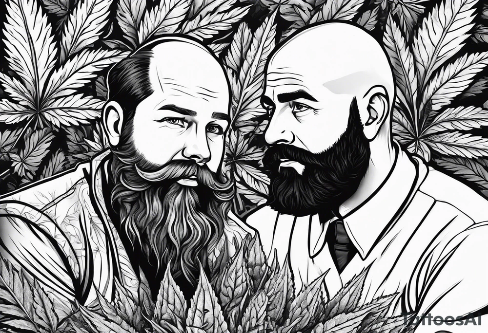 big short hair 
irish guy with beard and bald german military doctor sitting on a cannabis plant tattoo idea