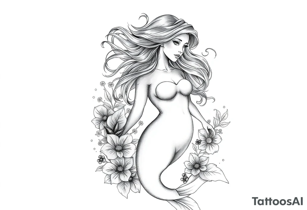 ethereal mermaid with flowing hair among coral and sea flowers tattoo idea