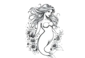 ethereal mermaid with flowing hair among coral and sea flowers tattoo idea