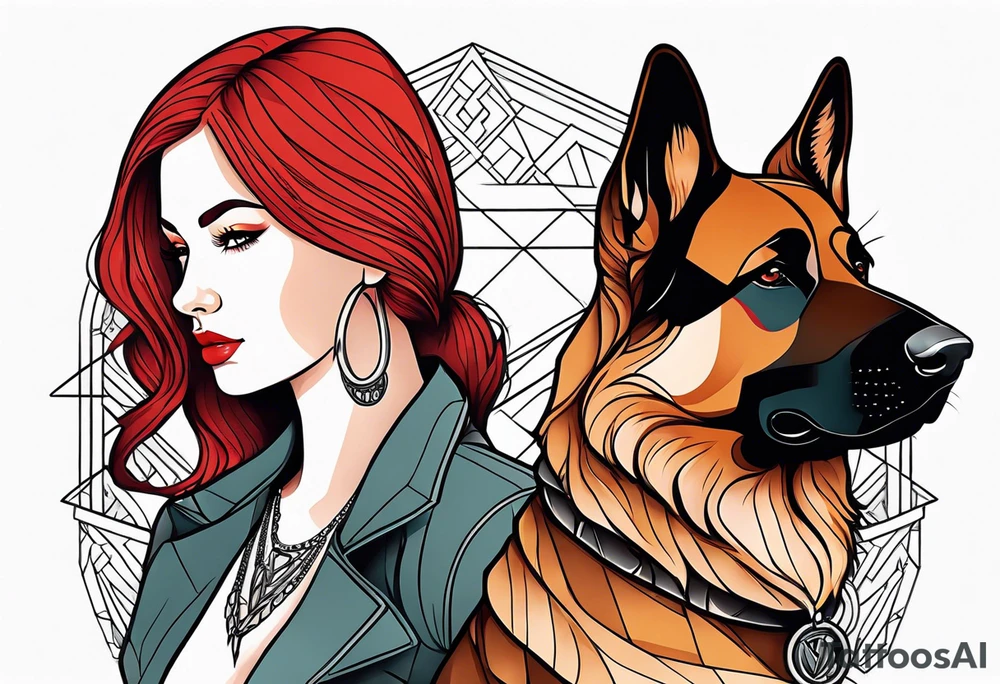 red hair woman with German shepherd dog tattoo idea