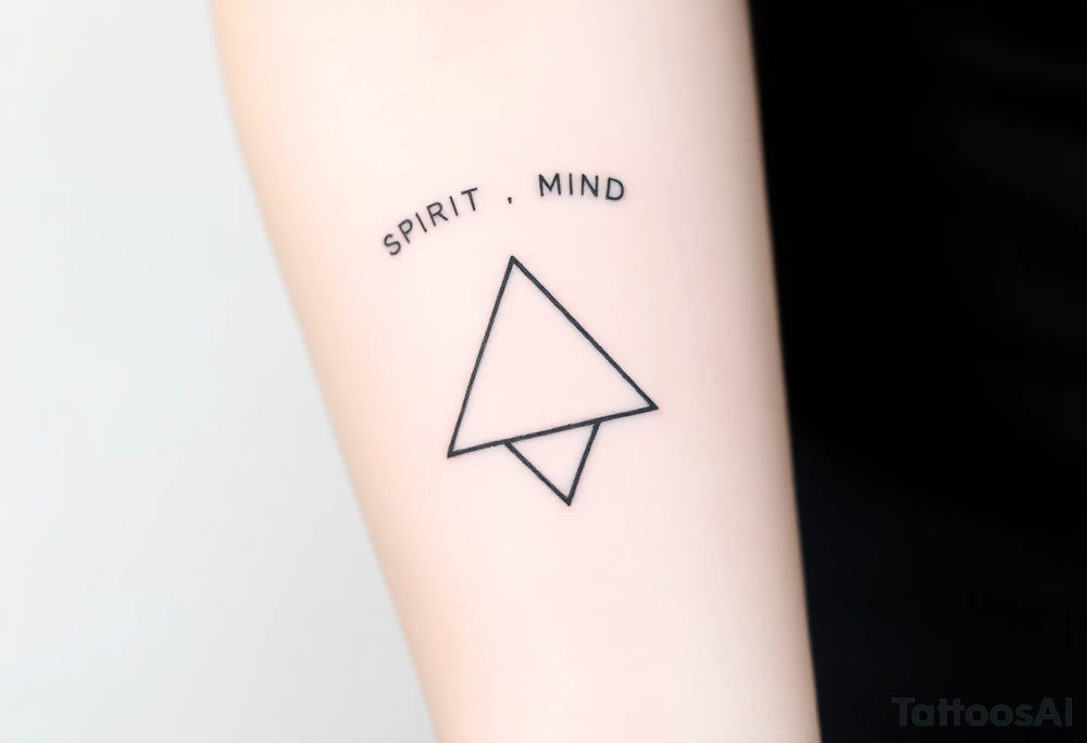 A minimalist tattoo of three interlocking triangles arranged in a way that forms a geometric symbol. Each triangle is thinly outlined and overlaps slightly. Above the design, the words 'SPIRIT,' 'MIND,' and 'BODY' are written in simple font, representing the connection between these three concepts. The tattoo is located on the inner forearm and is drawn in black ink on a light skin tone background. tattoo idea