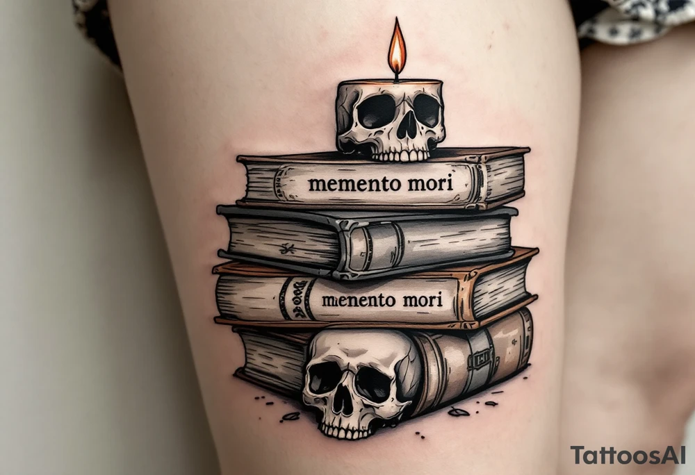 A pile of old books in dusty browns and grays, topped with a candle and skull, "memento mori" inked across the spines. tattoo idea