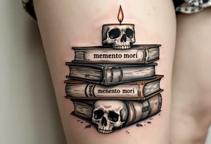 A pile of old books in dusty browns and grays, topped with a candle and skull, "memento mori" inked across the spines. tattoo idea