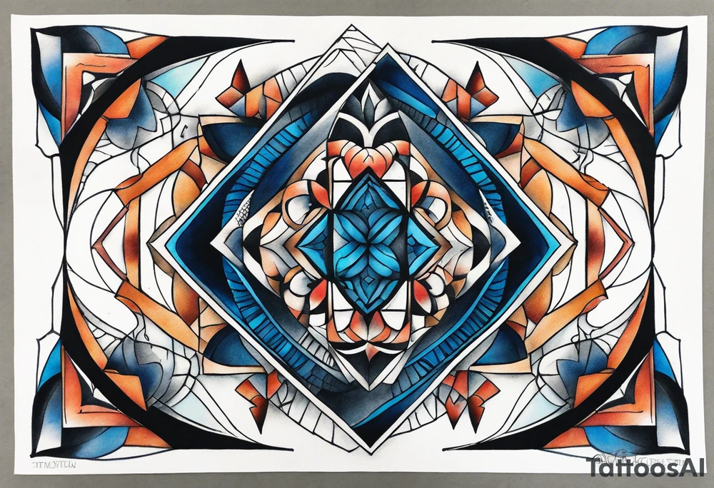 semi Detailed neo traditional knee tattoo flat on paper. The tattoo features geometric patterns and bold lines, creating a visually striking design with slight tints of deep fall colors. The background 
outside the tattoo features deep blues washes and water swirls tattoo idea