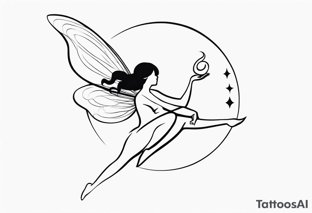 Minimalistic, monochromatic fairy with a tail flying to the left in a fetal position, leaning and looking in the same direction, with visible hands, embodying the 'Fairy Tail' logo aesthetic. tattoo idea