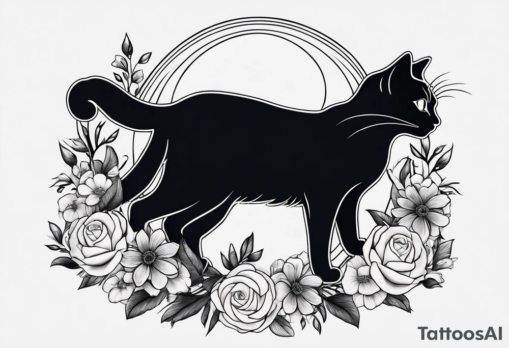 Photo realistic black cat with moon and flowers tattoo idea