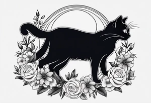 Photo realistic black cat with moon and flowers tattoo idea