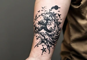 Fine line powerful ocean half sleeve with a wave, a whale and other elements with some shading tattoo idea