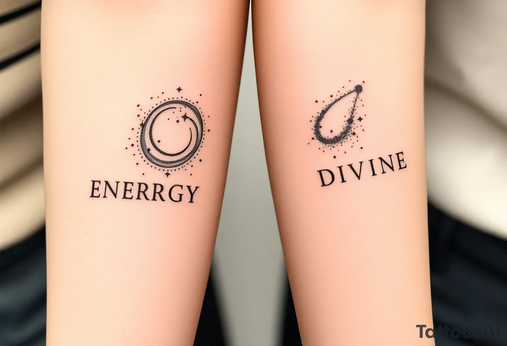 Two minimalist blackwork dotwork tattoos featuring the word ‘ENERGY’ on the left arm, balancing with ‘DIVINE’ on the right arm. Surrounding ‘ENERGY’ is a swirling nebula, stardust, or a comet, designed with intricate dot shading and fine linework. The tattoo is realistic yet subtle, creating a cosmic, ethereal feel while keeping a clean, minimalist aesthetic. The elements flow naturally, complementing the shape of the arm without overpowering the text. tattoo idea