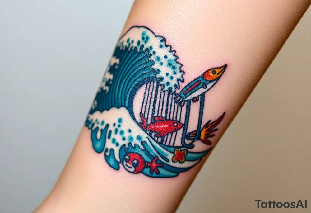 A barcode that seamlessly blends into high ocean waves with other sea life creatures tattoo idea