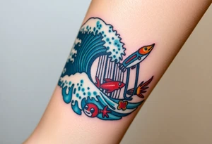 A barcode that seamlessly blends into high ocean waves with other sea life creatures tattoo idea