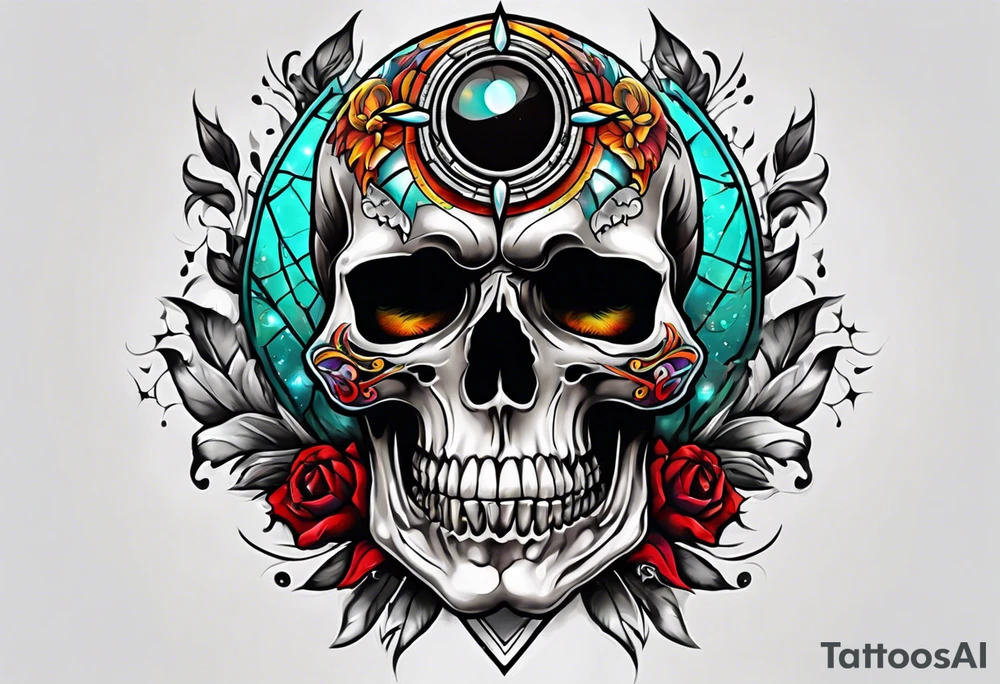 Bright bold Neo traditional realistic broken skull with third eye tattoo idea