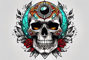 Bright bold Neo traditional realistic broken skull with third eye tattoo idea