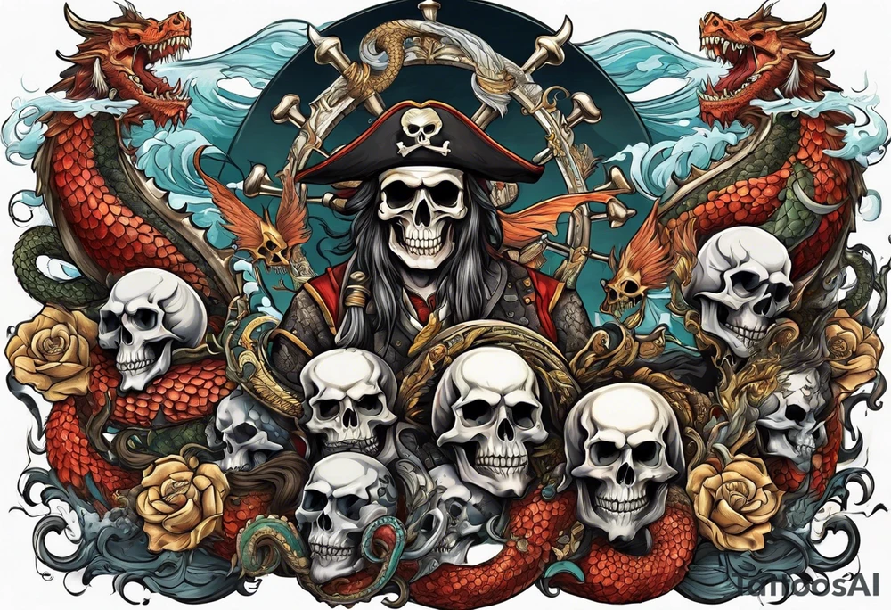 multiple skull pirates together with a sea serpent dragon tattoo idea