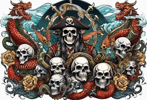multiple skull pirates together with a sea serpent dragon tattoo idea