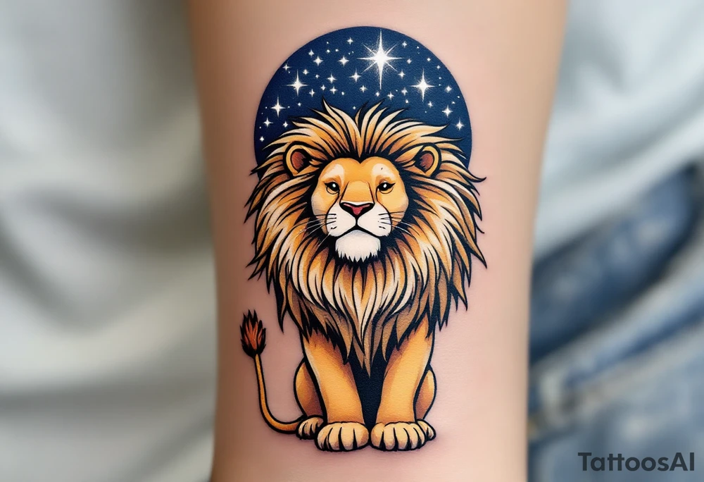 A proud lion stands under a night sky shaded in navy, with the Leo star constellation highlighted in silver stardust above. tattoo idea