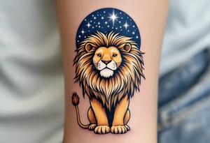 A proud lion stands under a night sky shaded in navy, with the Leo star constellation highlighted in silver stardust above. tattoo idea