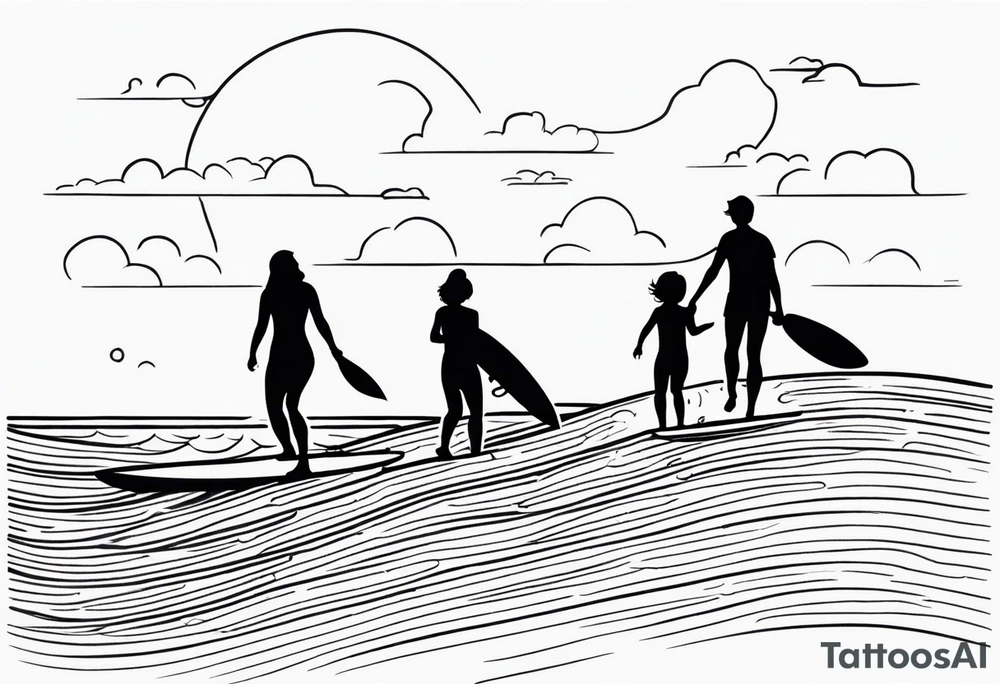 Black and white Line work tattoo depicting a father surfing in the sunset, and sharing his surfboard with his two daughters.  One daughter is on his shoulders and the other is holding his hand. tattoo idea