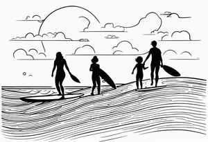 Black and white Line work tattoo depicting a father surfing in the sunset, and sharing his surfboard with his two daughters.  One daughter is on his shoulders and the other is holding his hand. tattoo idea