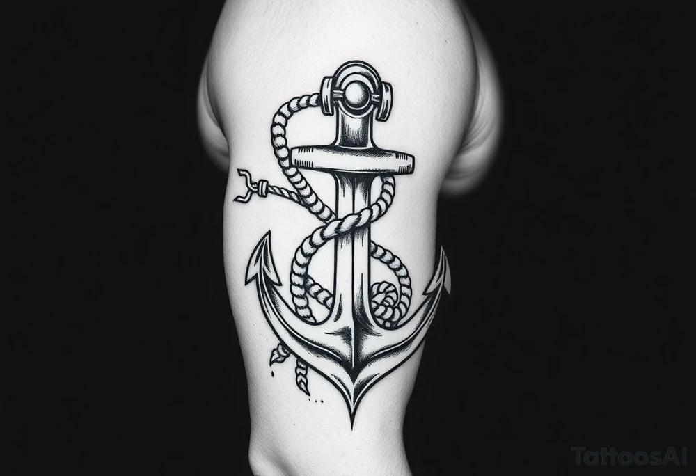 weathered anchor wrapped in nautical rope with sea waves tattoo idea