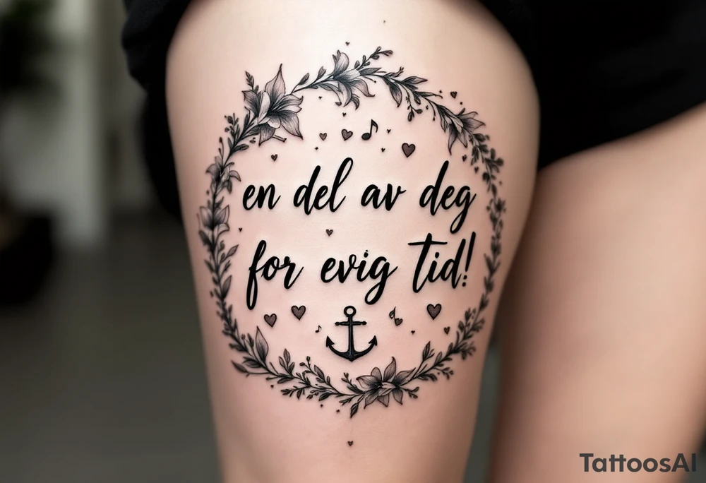 Quote in two rows; En del av deg for evig tid! Pappa, 20.12.24. Surround the quote with gladioluses on both sides, hearts, music notes and an anchor. tattoo idea