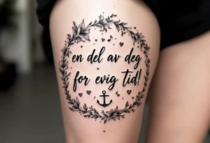 Quote in two rows; En del av deg for evig tid! Pappa, 20.12.24. Surround the quote with gladioluses on both sides, hearts, music notes and an anchor. tattoo idea